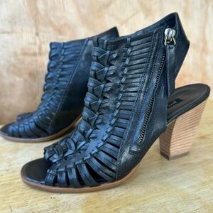 Paul Green Leather woven Black Ankle Bootie Block Heel Open Toe Sandal 7 1/2